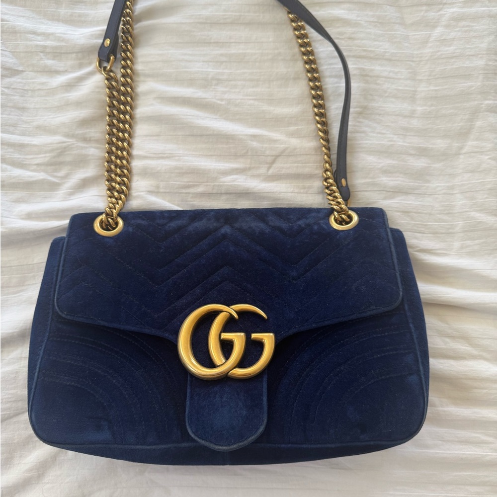 Gucci Dark Blue Shoulder Bag with Gold Chain